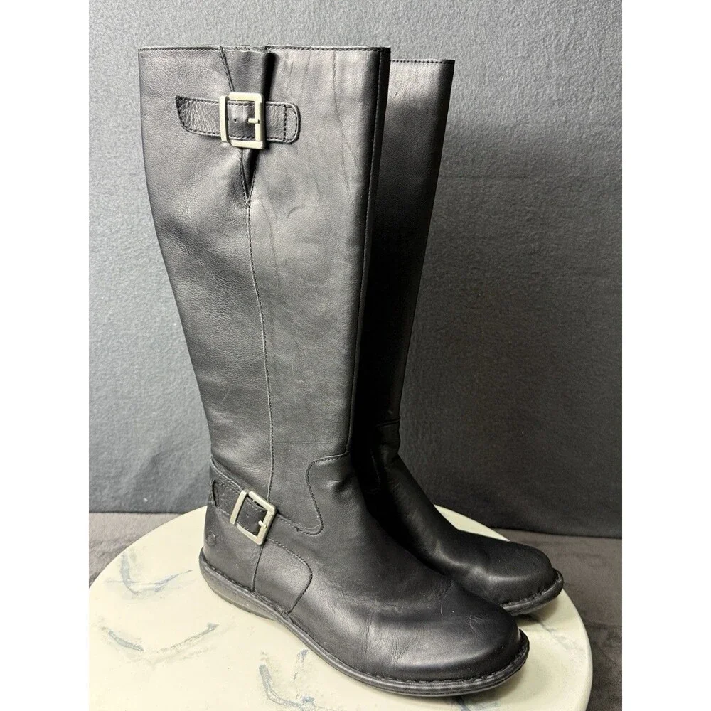 Born Womens Joly Black Leather Knee High Riding Boots Size 7.5 M Low Block Heel